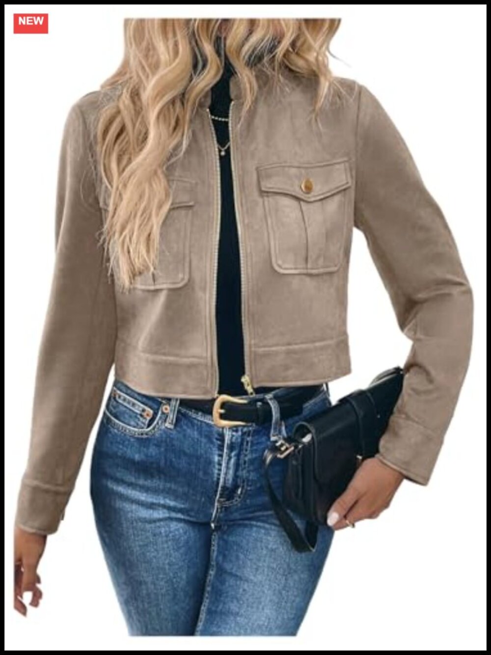Faux Suede Cropped Jacket Zip Up Long Sleeve Women's Casual Coat